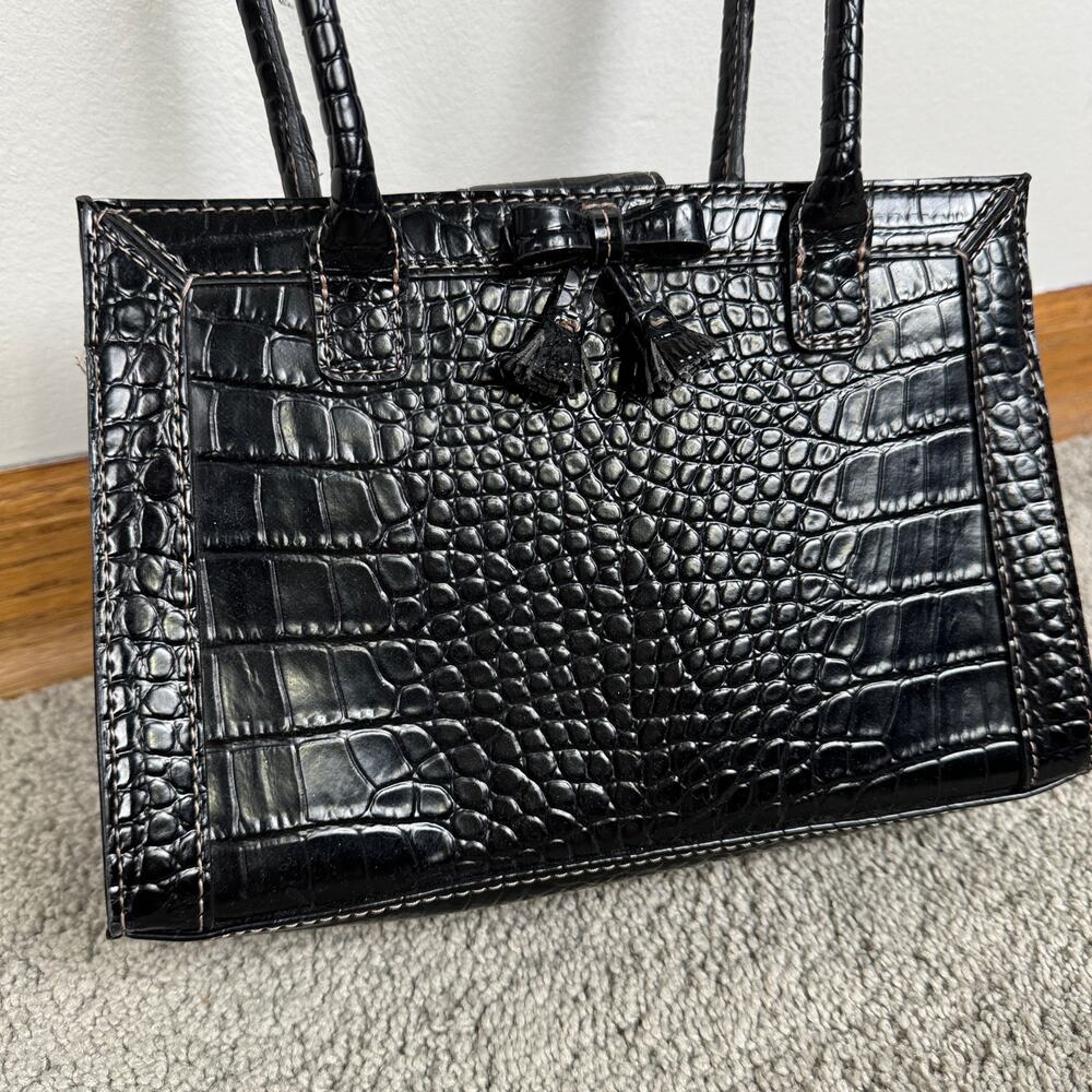 y2k 00s Vintage Liz Claiborne Purse Black Croc Mini Top Handle Bag w/ Bow Tassel - Picture 3 of 12